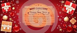 Card with greeting Ã¢â¬â Merry Christmas and Happy New Year. Illustration with Christmas balls, stars, gift boxes and wooden plate